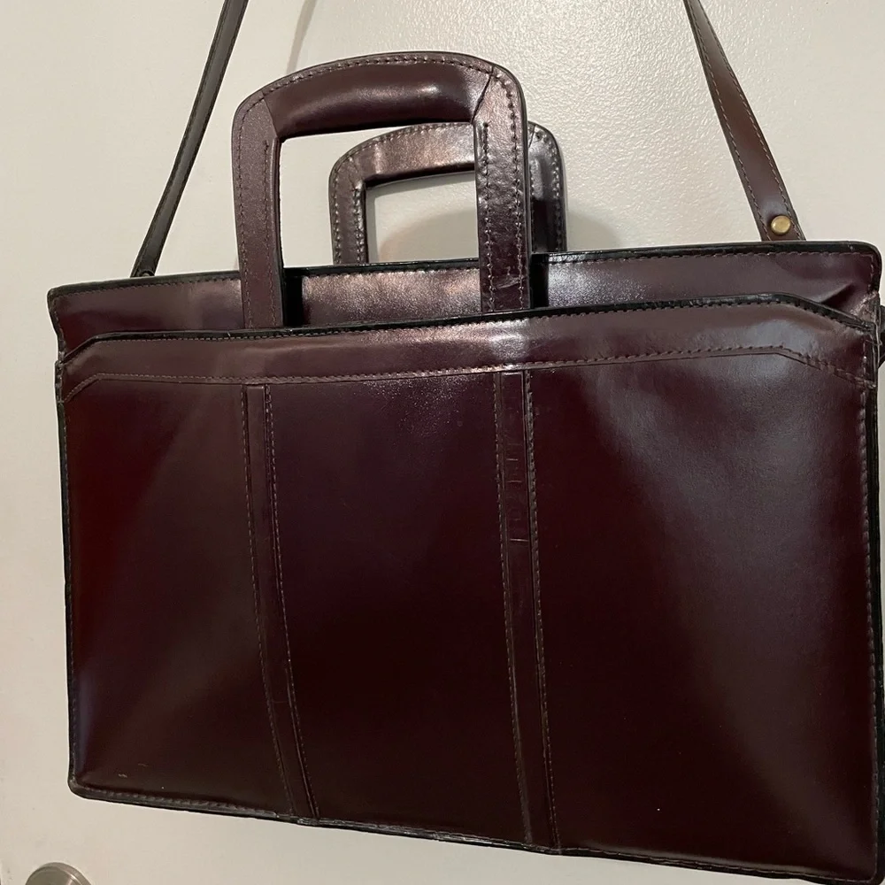Vintage Burgundy Quality Top Grain Leather unisex Briefcase W Shoulder Strap